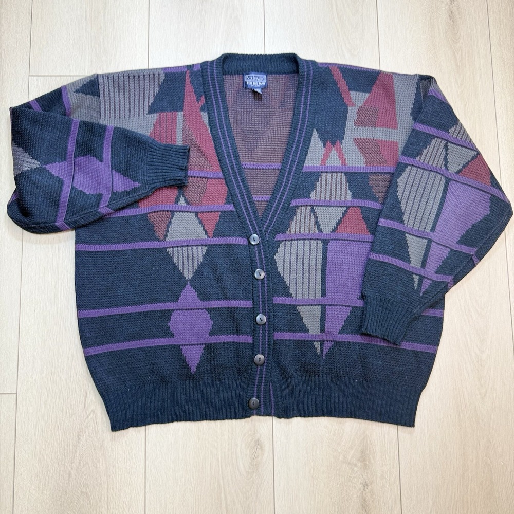 VTG 90s Boulevard Big Man 2X Cardigan Sweater Geometric‎ Knit USA Oversized EUC